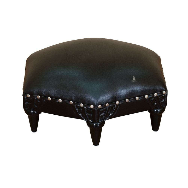 Queen of the Damned Stool, a compact upholstered stool with a black padded top, nailhead edging and short carved legs