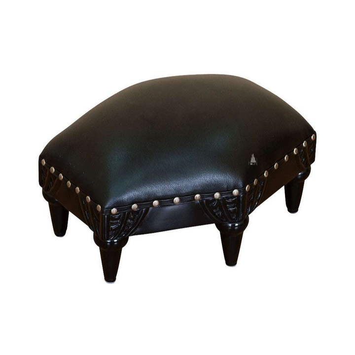 Another view of the Queen of the Damned Stool, a compact upholstered stool with a black padded top