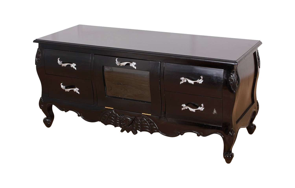 The Queen of the Damned TV Cabinet, a handcrafted gothic media cabinet with curved legs, multiple drawers and a central open shelf.