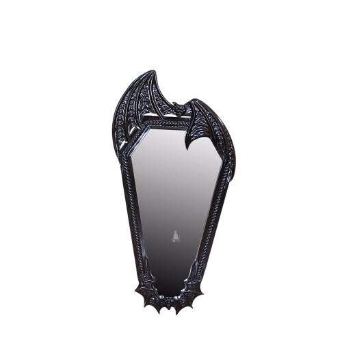 The Queen of the Damned Wall Mirror, a handcrafted gothic mirror with an elongated glass panel and carved bat-wing frame.