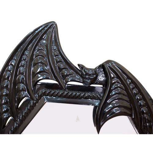 The Queen of the Damned Wall Mirror, a handcrafted gothic mirror with an elongated glass panel and carved bat-wing frame.