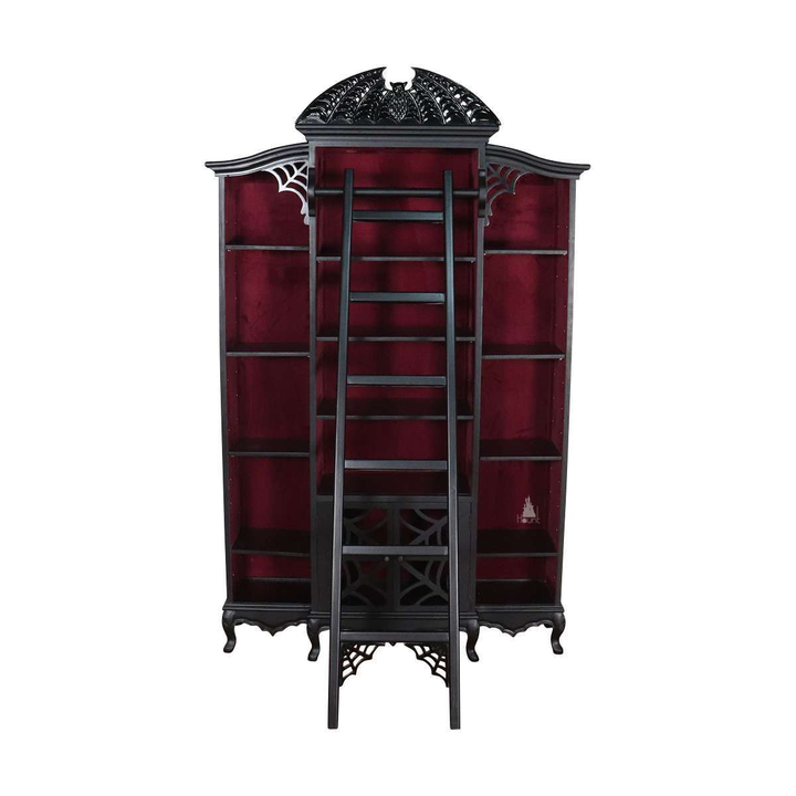 Queen of the Damned Webbed Bookcase, a tall black gothic bookcase with a red interior, bat-wing crest and webbed doors