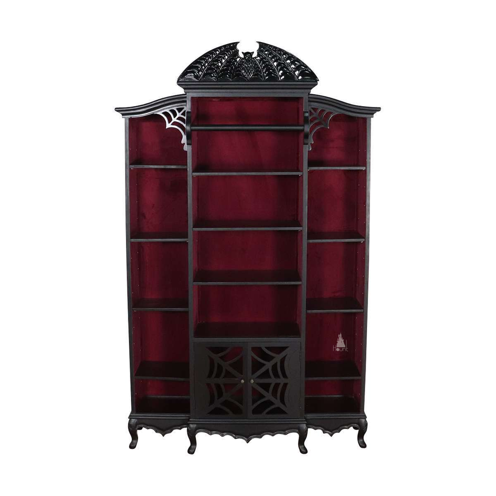 Another view of the Queen of the Damned Webbed Bookcase, a tall black gothic bookcase with a red interior