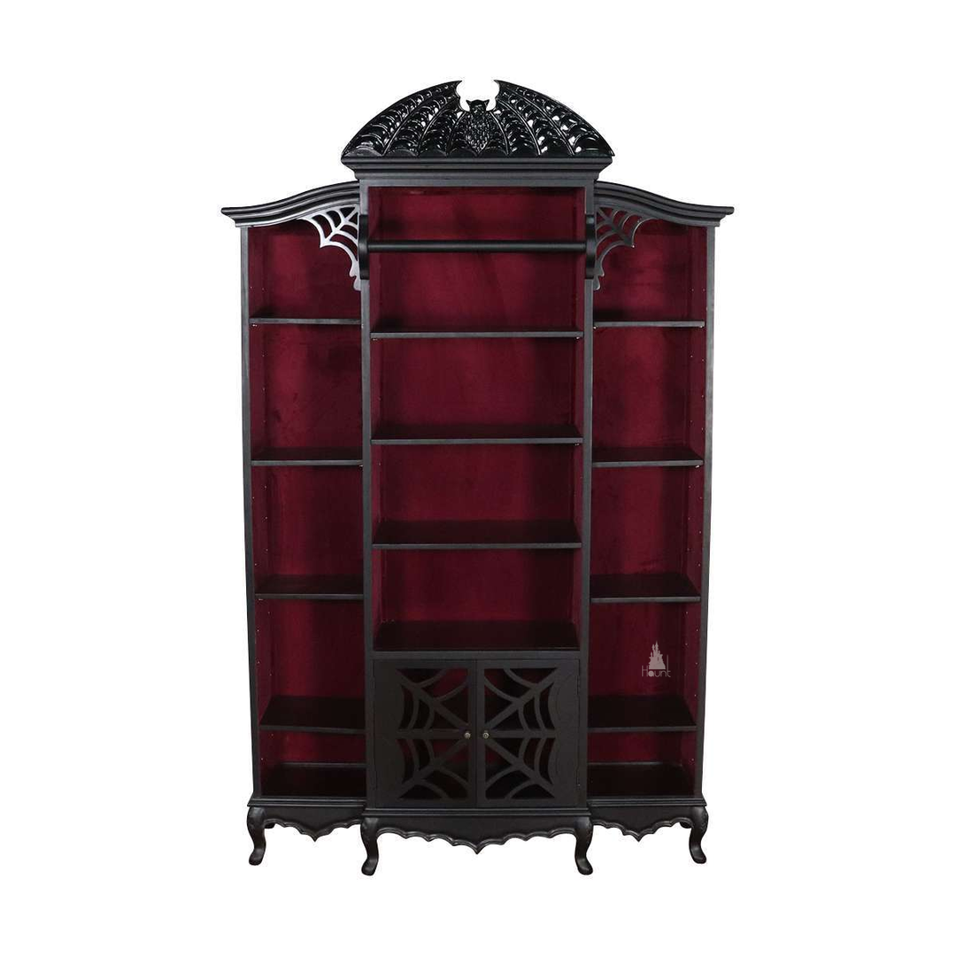 Another view of the Queen of the Damned Webbed Bookcase, a tall black gothic bookcase with a red interior