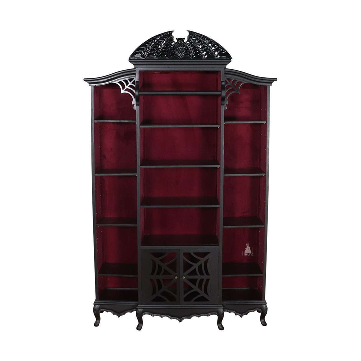 Another view of the Queen of the Damned Webbed Bookcase, a tall black gothic bookcase with a red interior