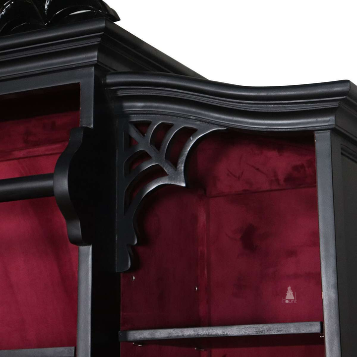 Another view of the Queen of the Damned Webbed Bookcase, a tall black gothic bookcase with a red interior