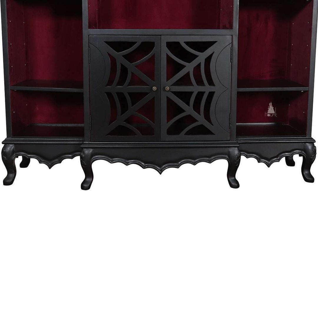 Another view of the Queen of the Damned Webbed Bookcase, a tall black gothic bookcase with a red interior