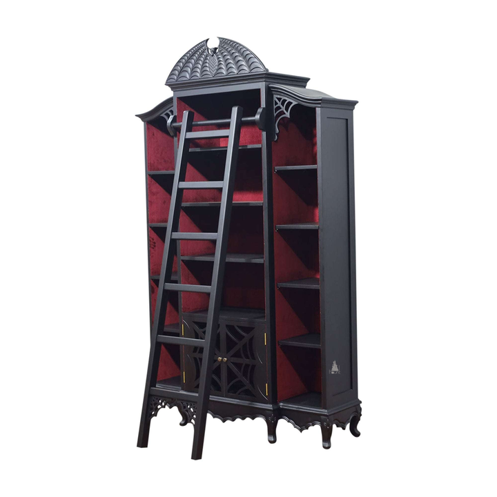 Another view of the Queen of the Damned Webbed Bookcase, a tall black gothic bookcase with a red interior