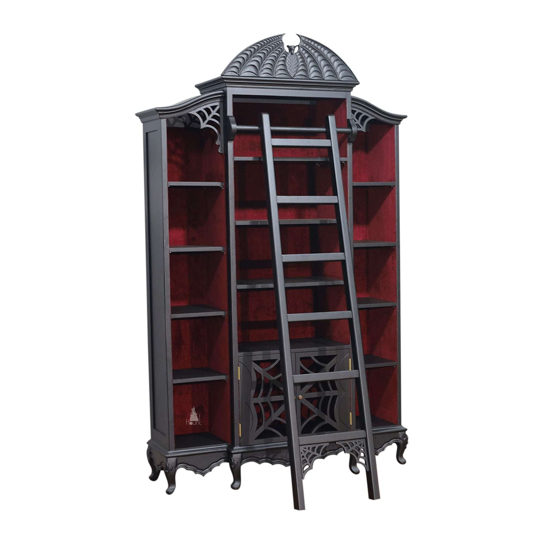 Another view of the Queen of the Damned Webbed Bookcase, a tall black gothic bookcase with a red interior