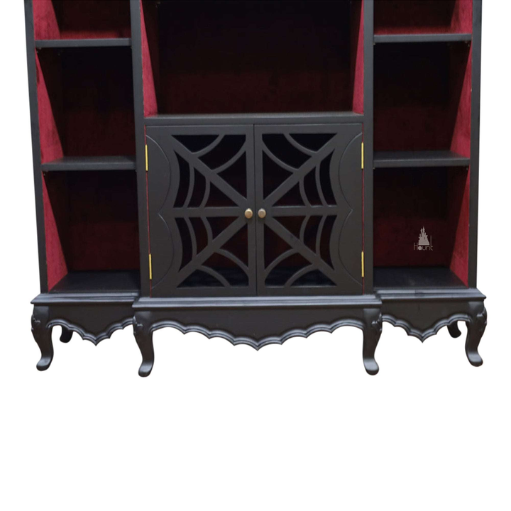 Another view of the Queen of the Damned Webbed Bookcase, a tall black gothic bookcase with a red interior