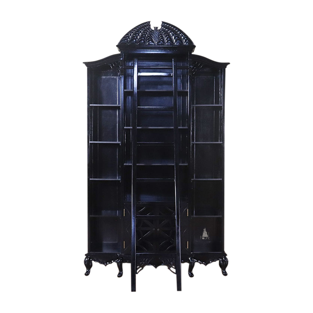 Another view of the Queen of the Damned Webbed Bookcase, a tall black gothic bookcase with a red interior