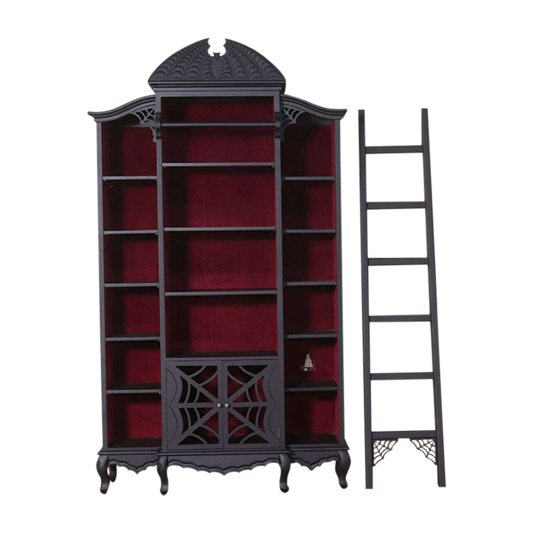 Another view of the Queen of the Damned Webbed Bookcase, a tall black gothic bookcase with a red interior