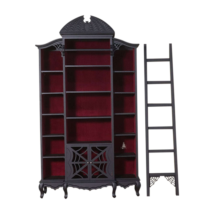 Another view of the Queen of the Damned Webbed Bookcase, a tall black gothic bookcase with a red interior