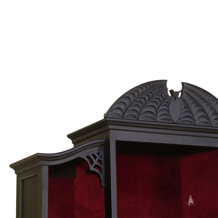Another view of the Queen of the Damned Webbed Bookcase, a tall black gothic bookcase with a red interior