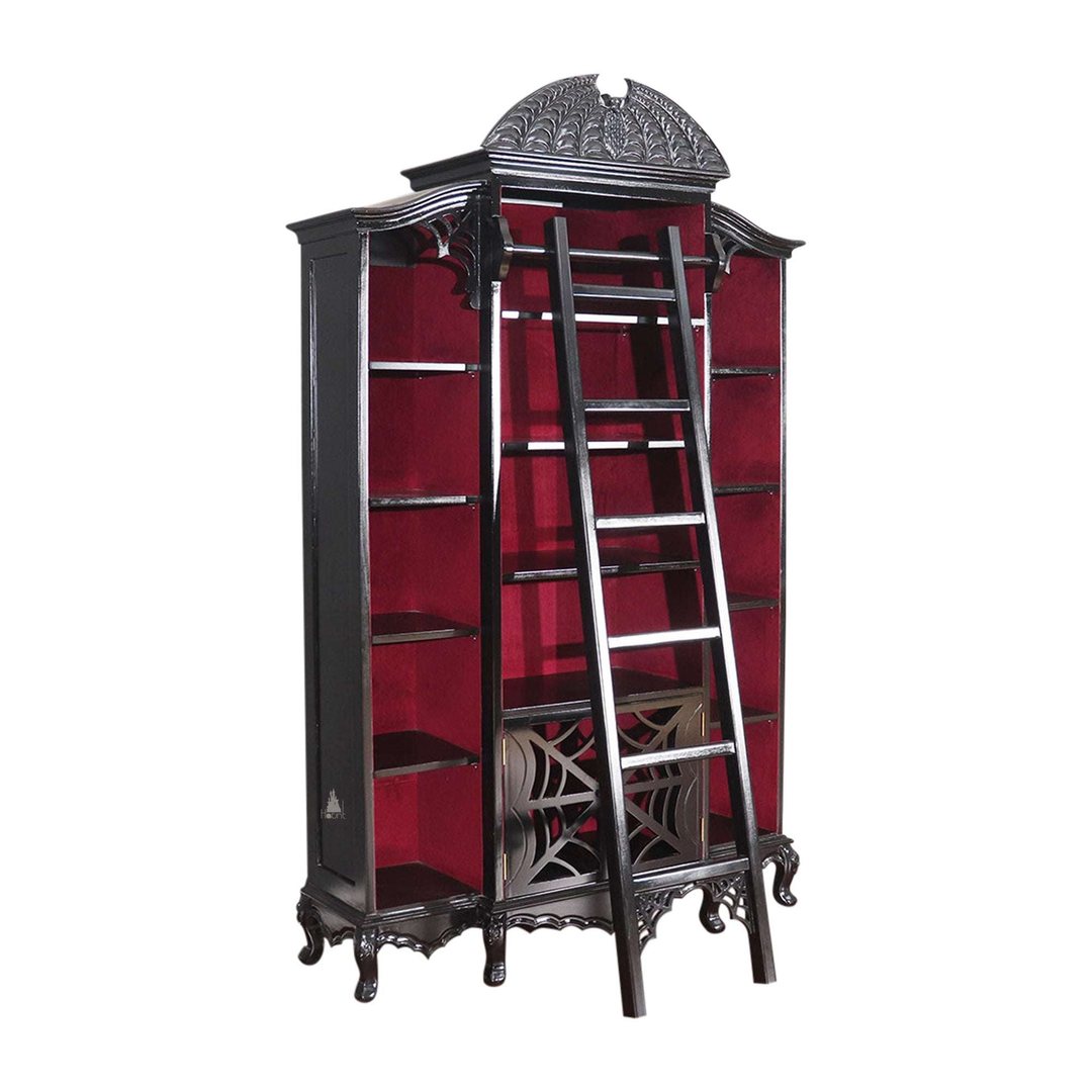 Another view of the Queen of the Damned Webbed Bookcase, a tall black gothic bookcase with a red interior