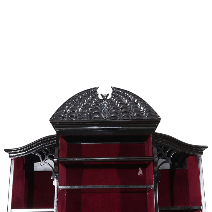 Another view of the Queen of the Damned Webbed Bookcase, a tall black gothic bookcase with a red interior