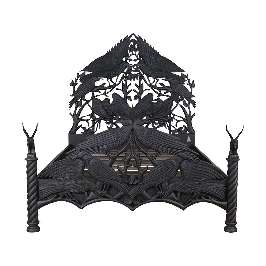 Raven Bed, a sculptural gothic bed with layered carved ravens, branching openwork and an arched headboard