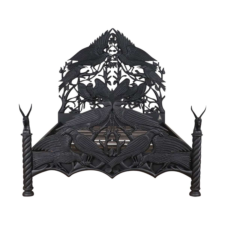 Raven Bed, a sculptural gothic bed with layered carved ravens, branching openwork and an arched headboard