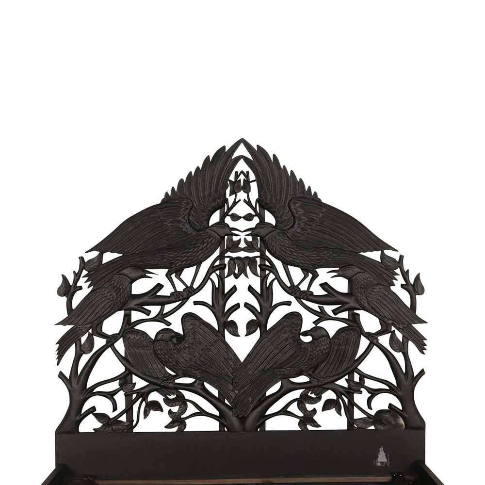 Another view of the Raven Bed, with carved ravens and branching openwork
