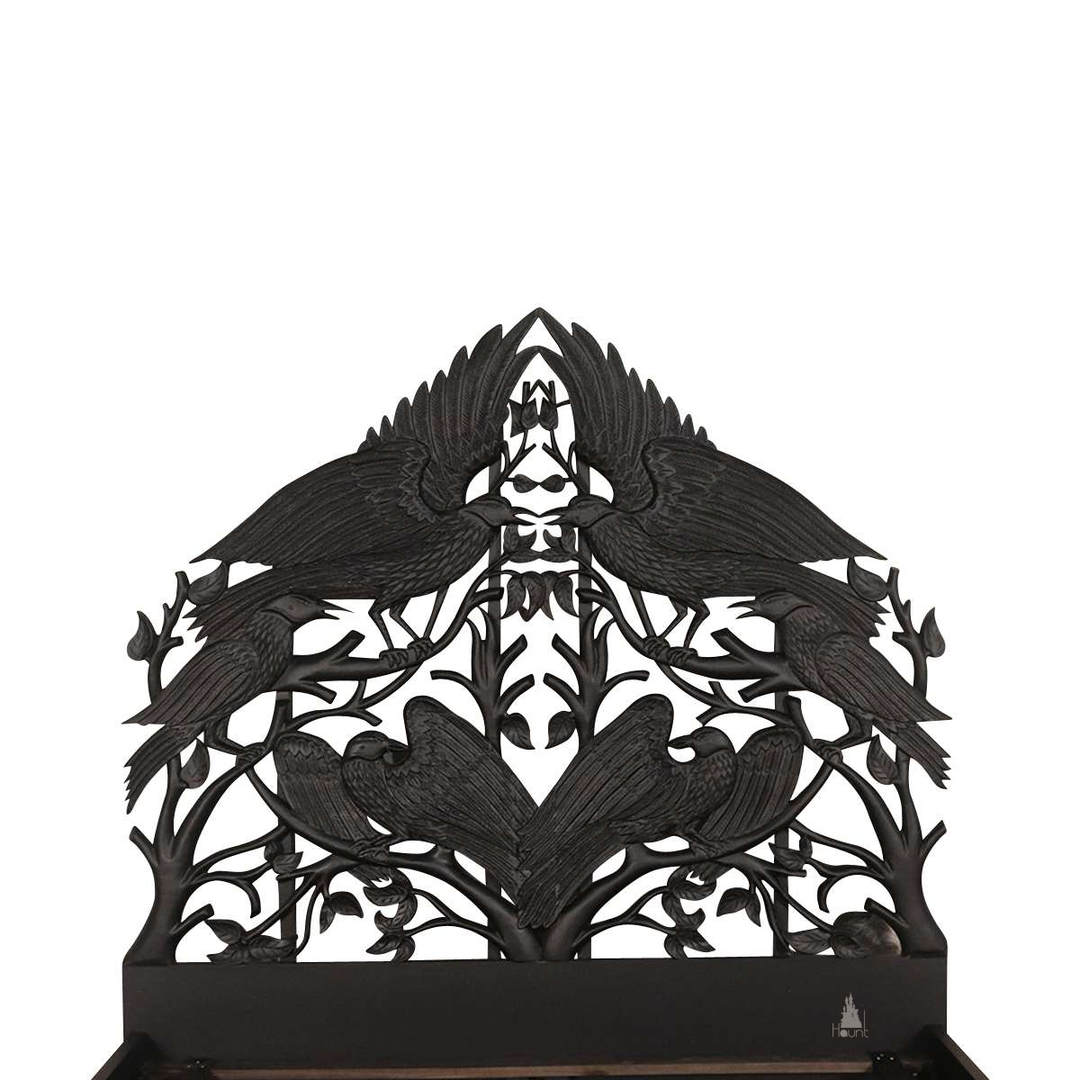 Another view of the Raven Bed, with carved ravens and branching openwork