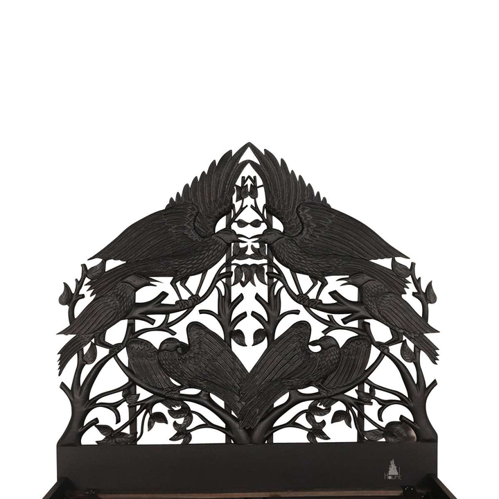 Another view of the Raven Bed, with carved ravens and branching openwork