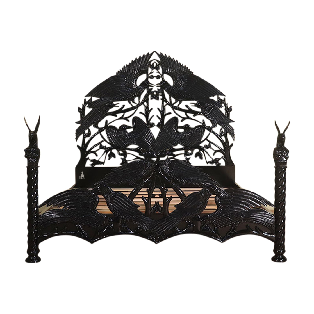 Another view of the Raven Bed, with carved ravens and branching openwork