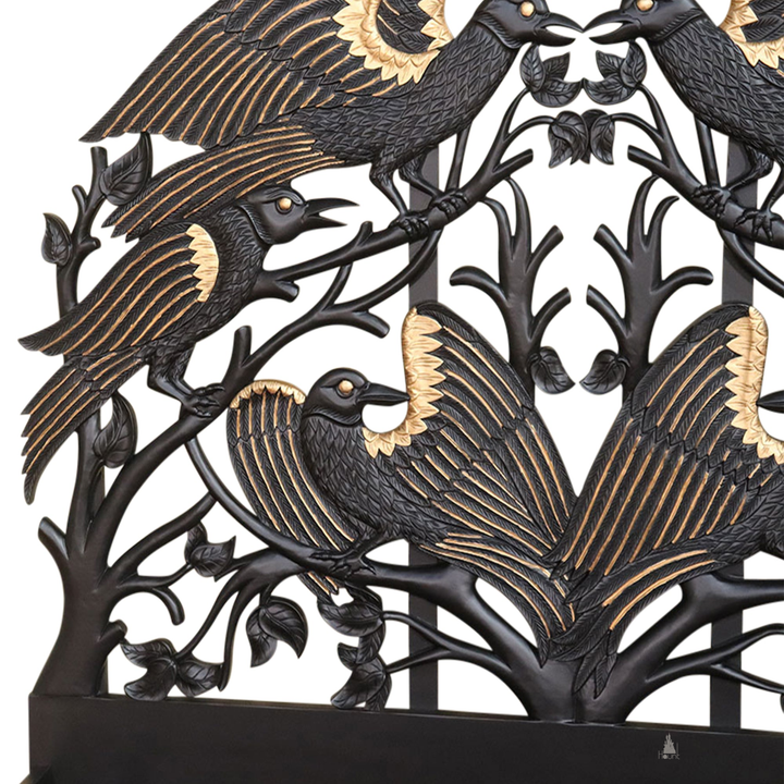 Another view of the Raven Bed, with carved ravens and branching openwork