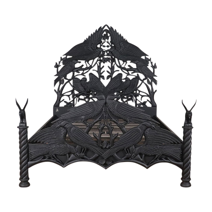 Another view of the Raven Bed, with carved ravens and branching openwork