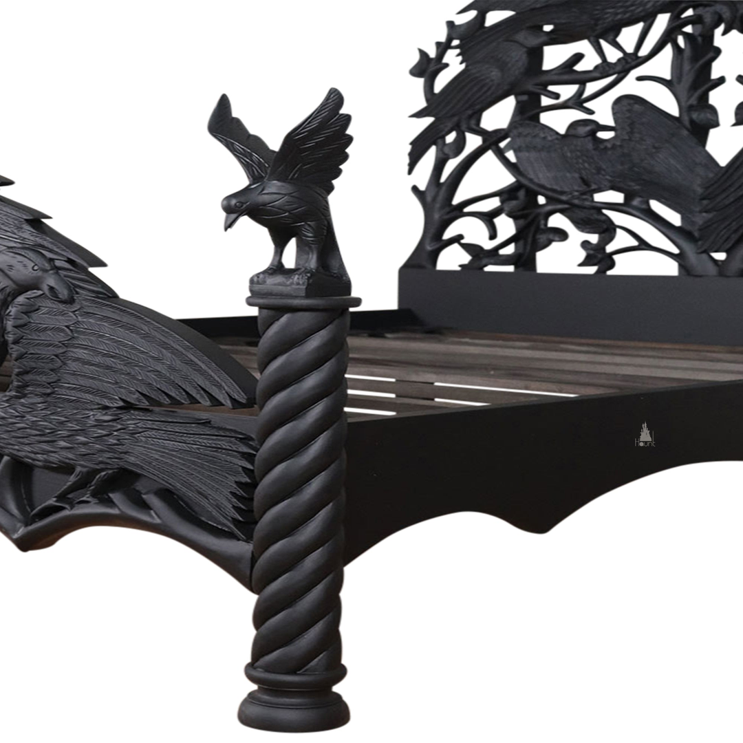 Another view of the Raven Bed, with carved ravens and branching openwork