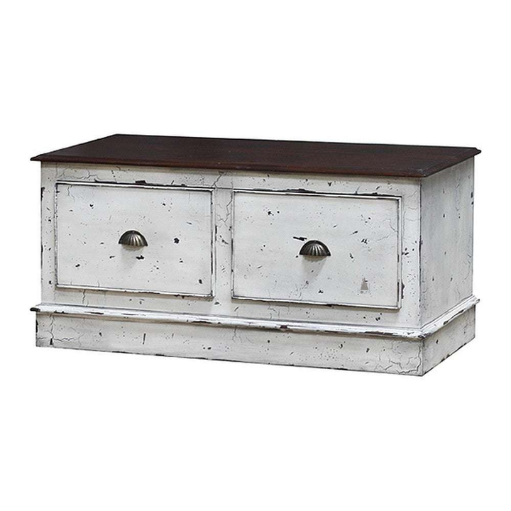 Another view of the Relic Blanket Box, a low storage chest with a distressed white body
