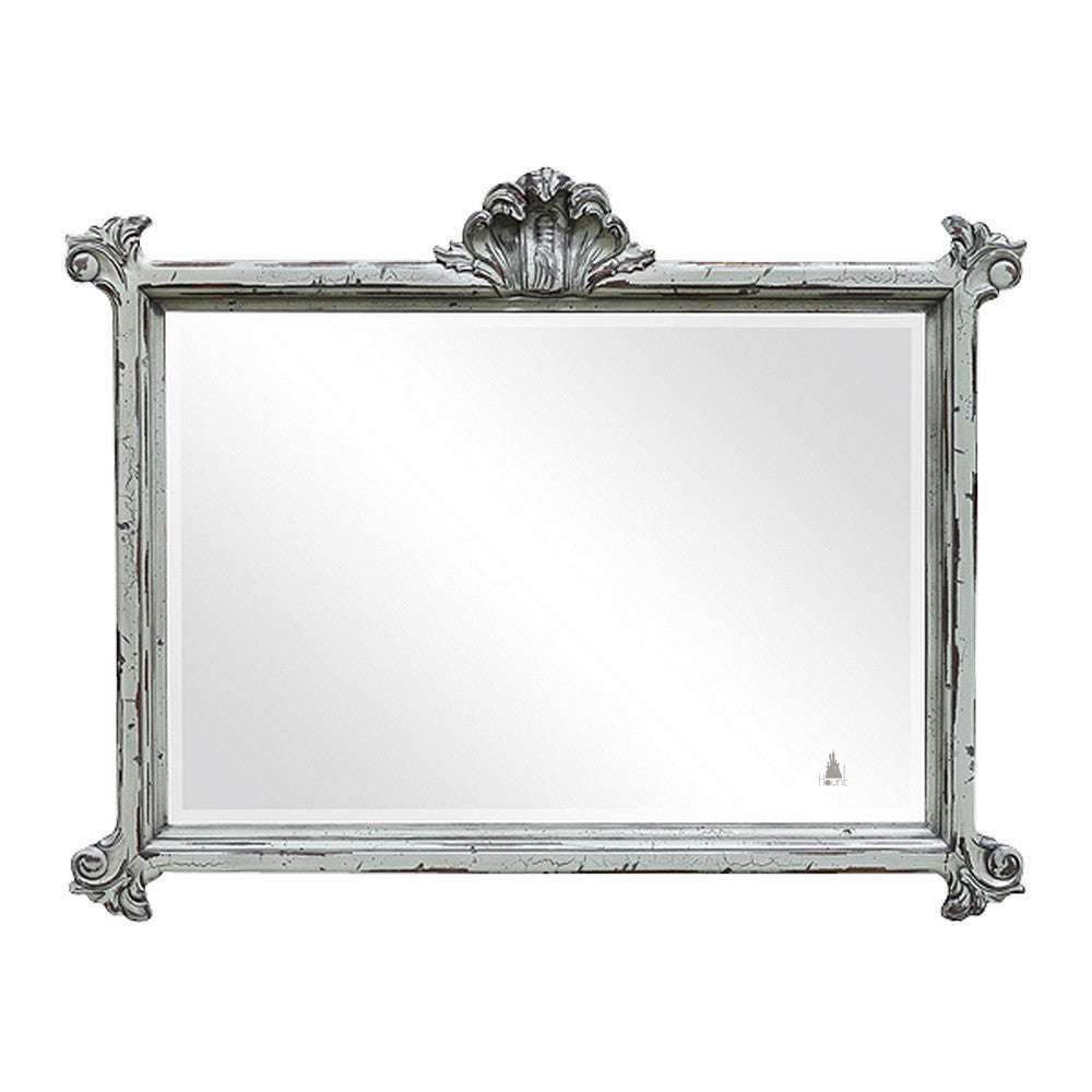 Relic Pompeii Mirror, a wide landscape mirror with a distressed antique frame, shell-like crest and curled carved corner details