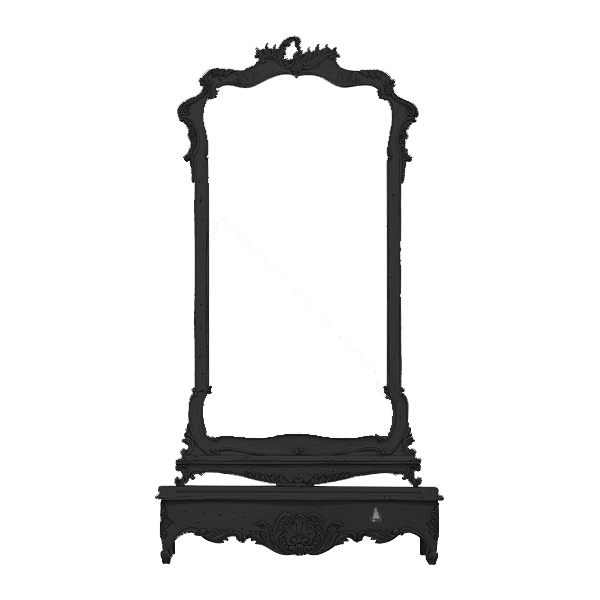 Another view of the Relic Pyrmira Mirror, a tall floor-standing mirror set in an ornately carved frame