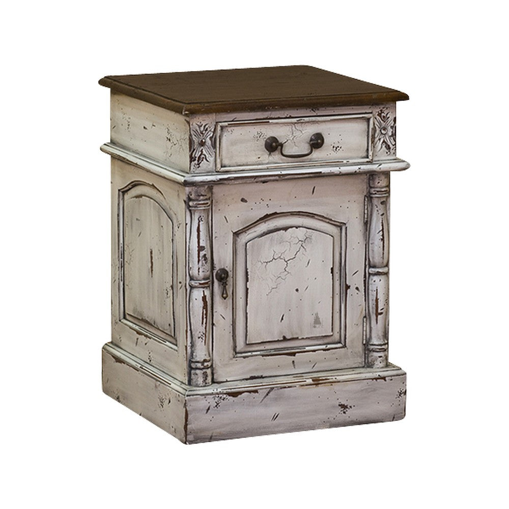 The Relic Stonehenge Bedside Table, a handcrafted distressed bedside table with a dark timber top, one drawer and a lower cupboard door.