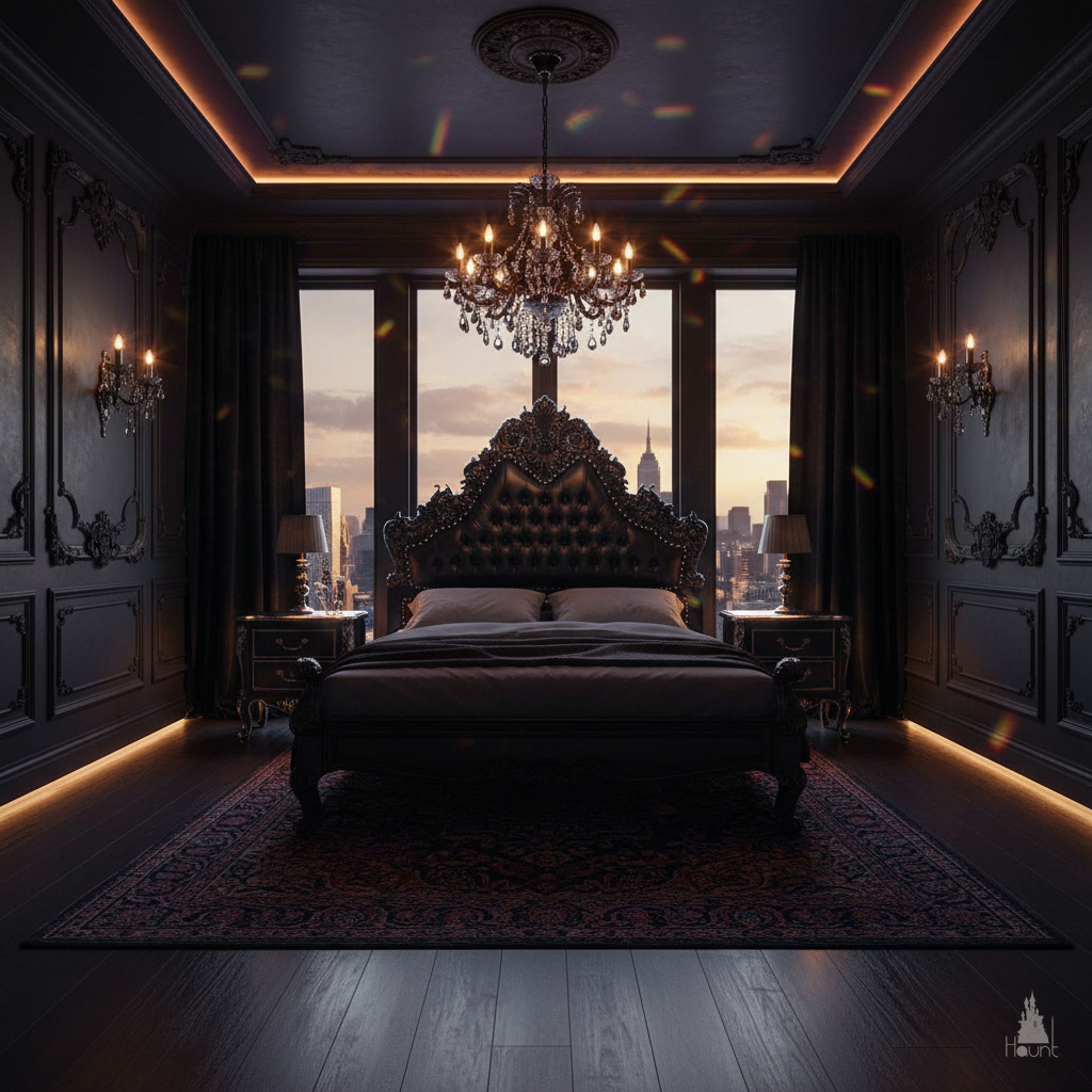 Another view of the Seduce Bedazzled Bed, which takes the carved Seduce silhouette and intensifies it with diamond-tufted upholstered panels