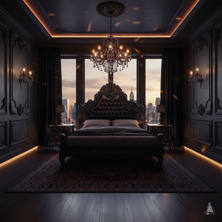 Another view of the Seduce Bedazzled Bed, which takes the carved Seduce silhouette and intensifies it with diamond-tufted upholstered panels