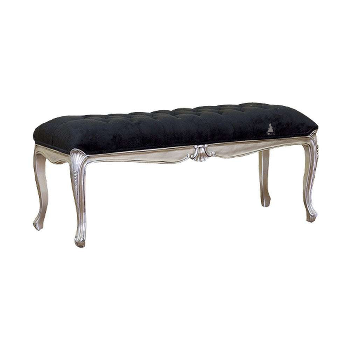 Seduce Bench, a long upholstered bench with a black button-tufted cushion, silver-toned carved frame and slender cabriole legs