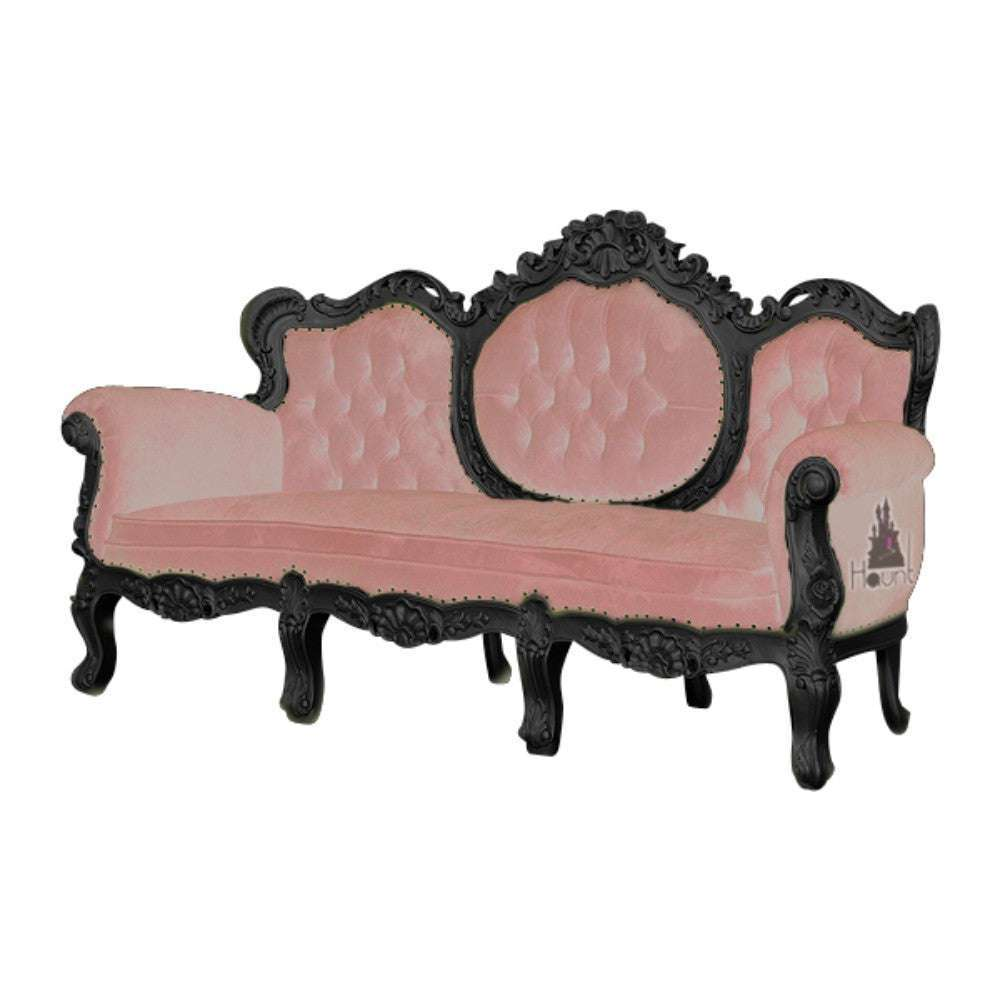 Seduce Lounge by Haunt Cult, a three-seat lounge in deep red velvet with three rounded button-tufted back panels, rolled arms, a dark carved frame and ornate crest carving across the top rail and apron, image 2
