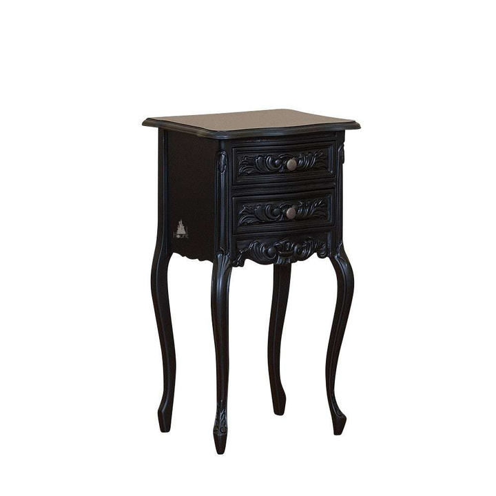 The Seduce Side Table, a handcrafted black side table with two drawers, carved drawer fronts and slim curving legs.