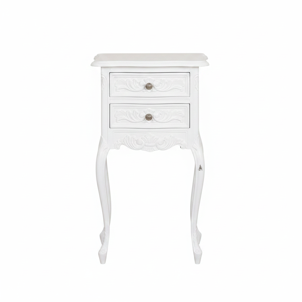 Another view of the Seduce Side Table, a slim black two-drawer side table with carved drawer fronts