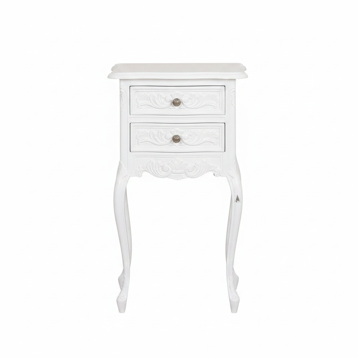 Another view of the Seduce Side Table, a slim black two-drawer side table with carved drawer fronts