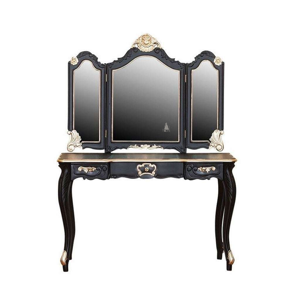 Seduce Vanity by Haunt Cult, a black and cream three-panel mirrored vanity with curved mirror crowns, pale carved floral accents, slim cabriole legs and small drawers beneath the mirrors