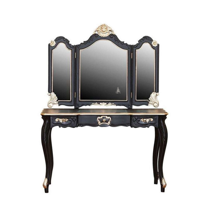 Seduce Vanity by Haunt Cult, a black and cream three-panel mirrored vanity with curved mirror crowns, pale carved floral accents, slim cabriole legs and small drawers beneath the mirrors