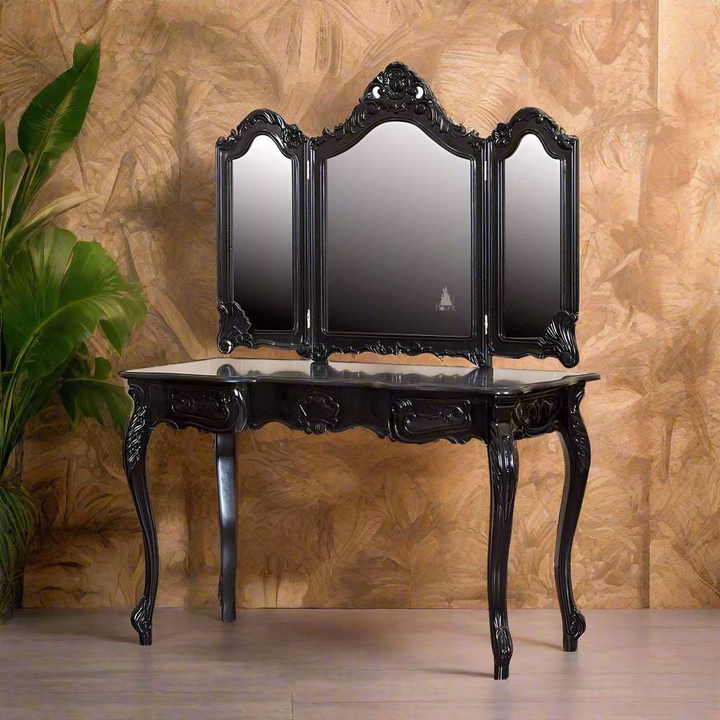 Seduce Vanity by Haunt Cult, a black and cream three-panel mirrored vanity with curved mirror crowns, pale carved floral accents, slim cabriole legs and small drawers beneath the mirrors, image 3