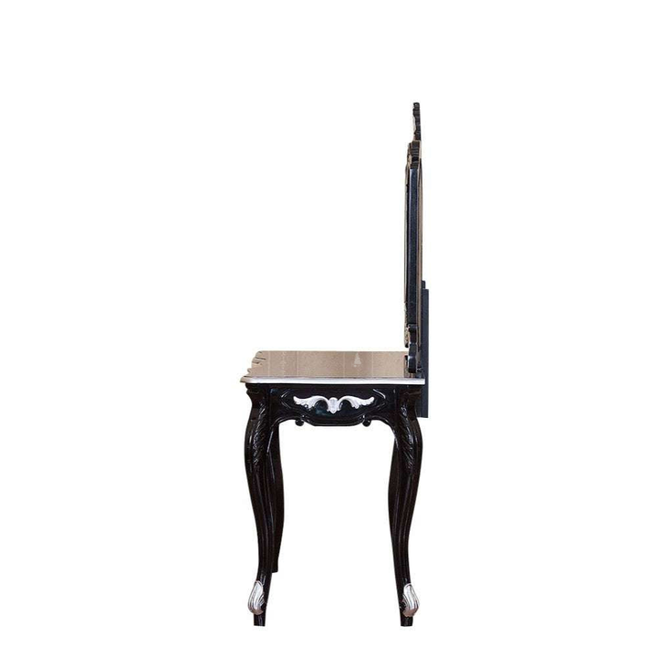 Seduce Vanity by Haunt Cult, a black and cream three-panel mirrored vanity with curved mirror crowns, pale carved floral accents, slim cabriole legs and small drawers beneath the mirrors, image 4