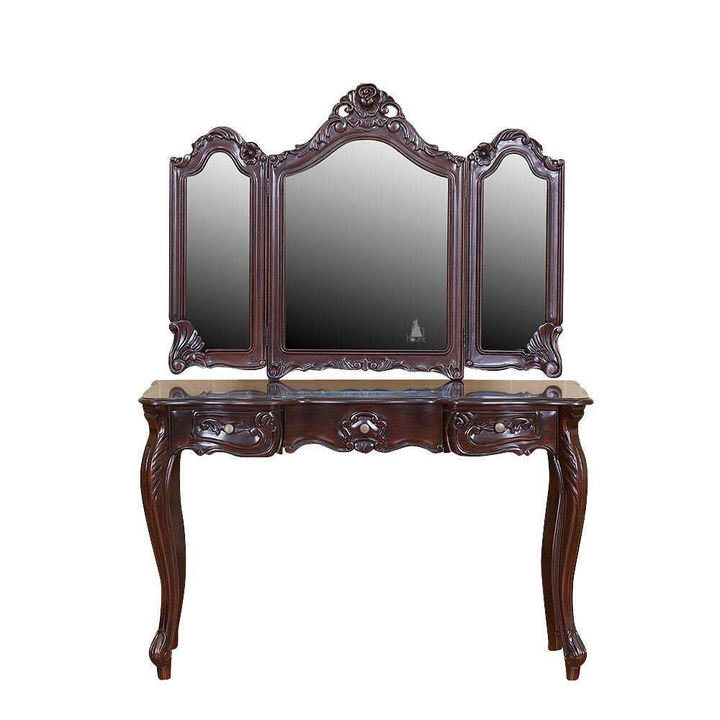 Seduce Vanity by Haunt Cult, a black and cream three-panel mirrored vanity with curved mirror crowns, pale carved floral accents, slim cabriole legs and small drawers beneath the mirrors, image 5