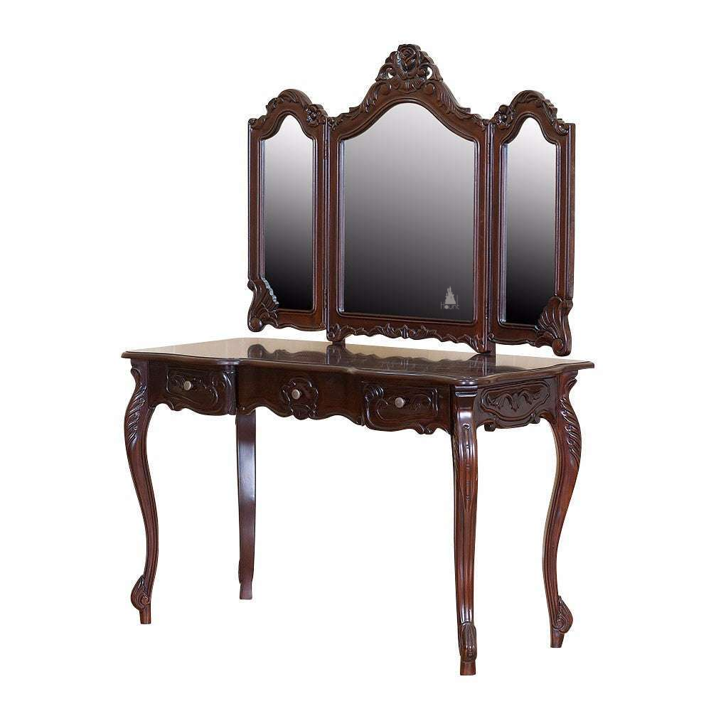 Seduce Vanity by Haunt Cult, a black and cream three-panel mirrored vanity with curved mirror crowns, pale carved floral accents, slim cabriole legs and small drawers beneath the mirrors, image 6