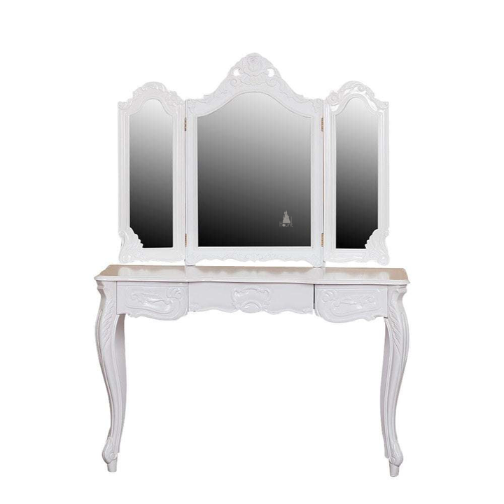 Seduce Vanity by Haunt Cult, a black and cream three-panel mirrored vanity with curved mirror crowns, pale carved floral accents, slim cabriole legs and small drawers beneath the mirrors, image 8
