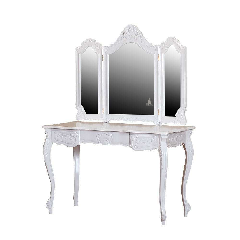 Seduce Vanity by Haunt Cult, a black and cream three-panel mirrored vanity with curved mirror crowns, pale carved floral accents, slim cabriole legs and small drawers beneath the mirrors, image 9