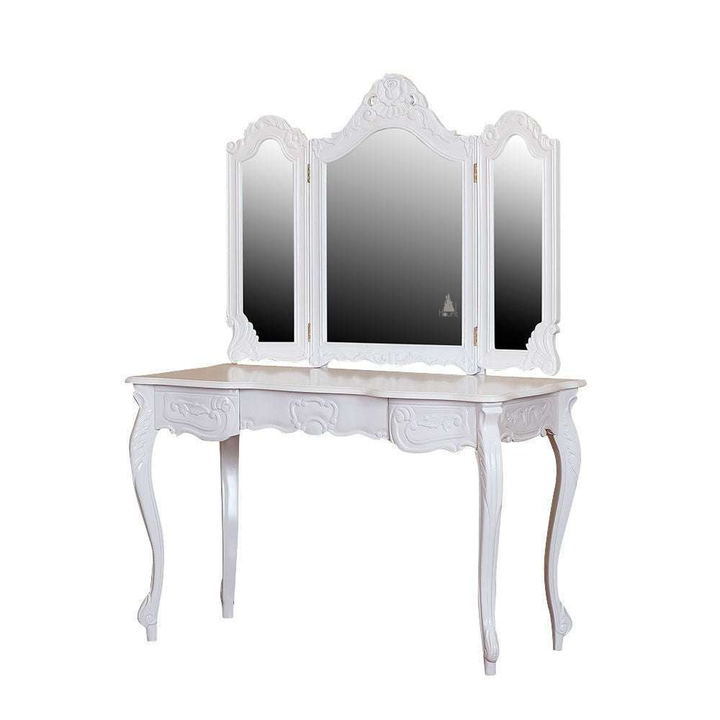 Seduce Vanity by Haunt Cult, a black and cream three-panel mirrored vanity with curved mirror crowns, pale carved floral accents, slim cabriole legs and small drawers beneath the mirrors, image 9