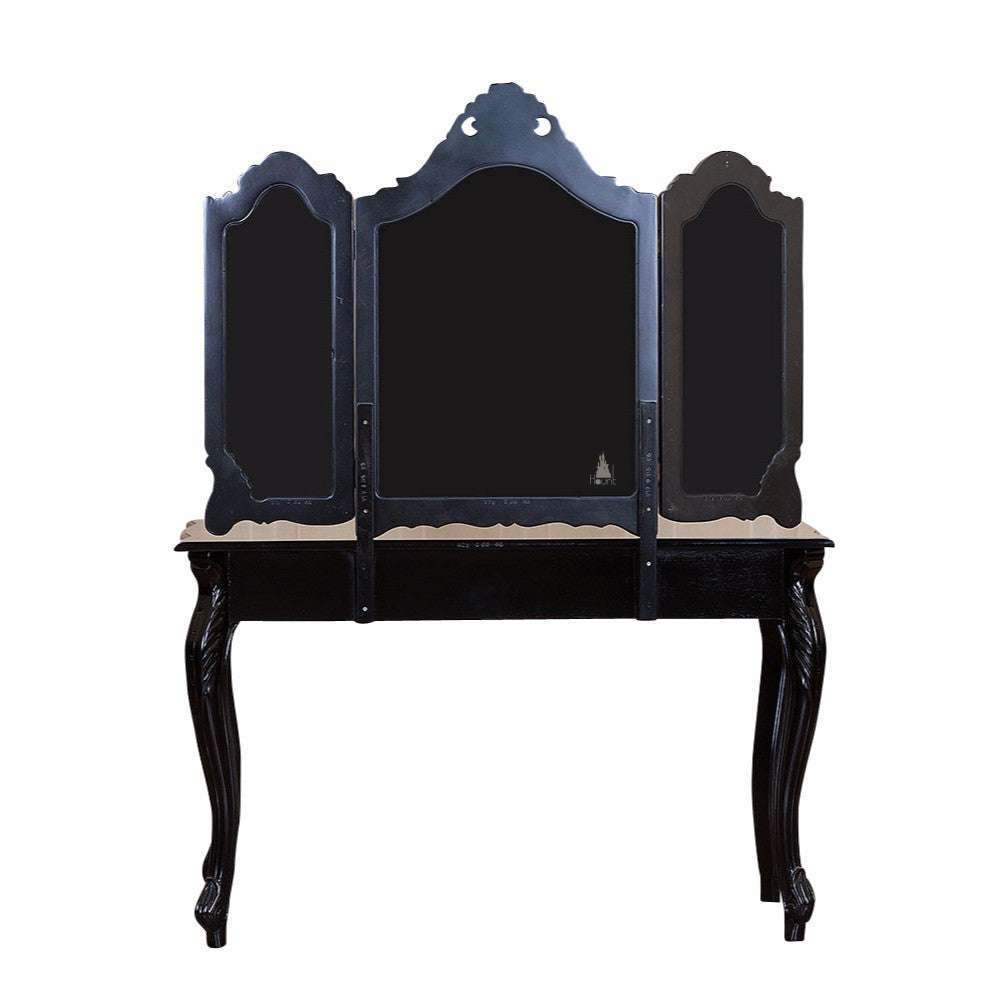 Seduce Vanity by Haunt Cult, a black and cream three-panel mirrored vanity with curved mirror crowns, pale carved floral accents, slim cabriole legs and small drawers beneath the mirrors, image 10